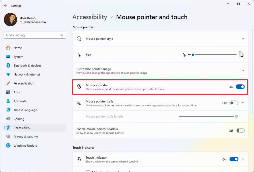 Windows 11 mouse indicator