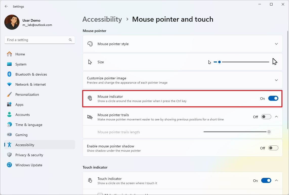 Windows 11 mouse indicator