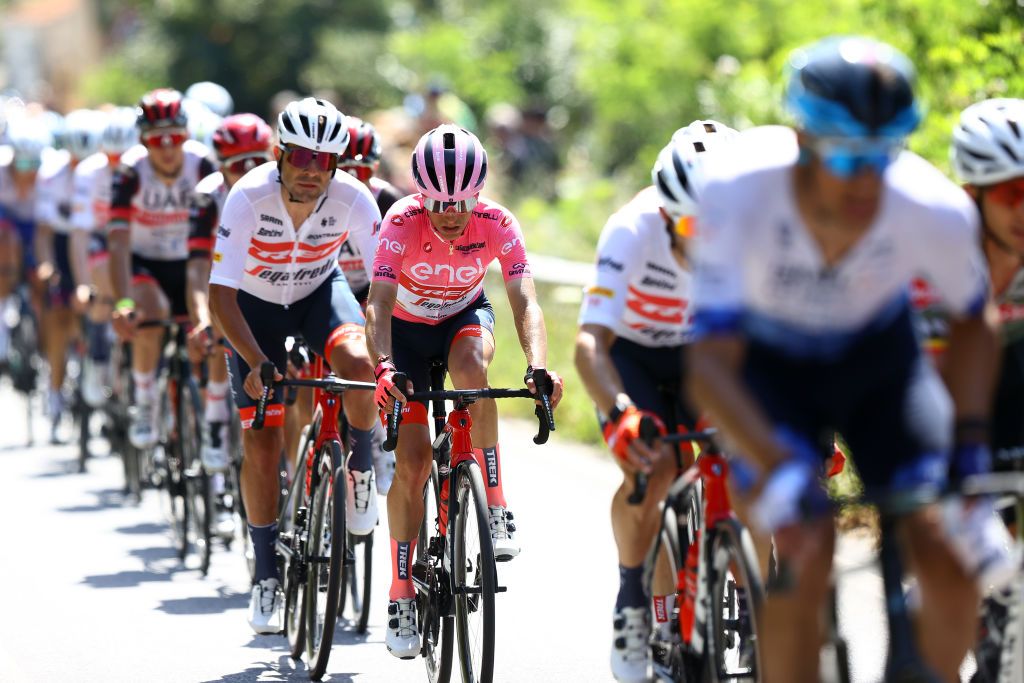 MESSINA ITALY MAY 11 Juan Pedro Lpez of Spain and Team Trek Segafredo pink leader jersey competes during the 105th Giro dItalia 2022 Stage 5 a 174km stage from Catania to Messina Giro WorldTour on May 11 2022 in Messina Italy Photo by Michael SteeleGetty Images