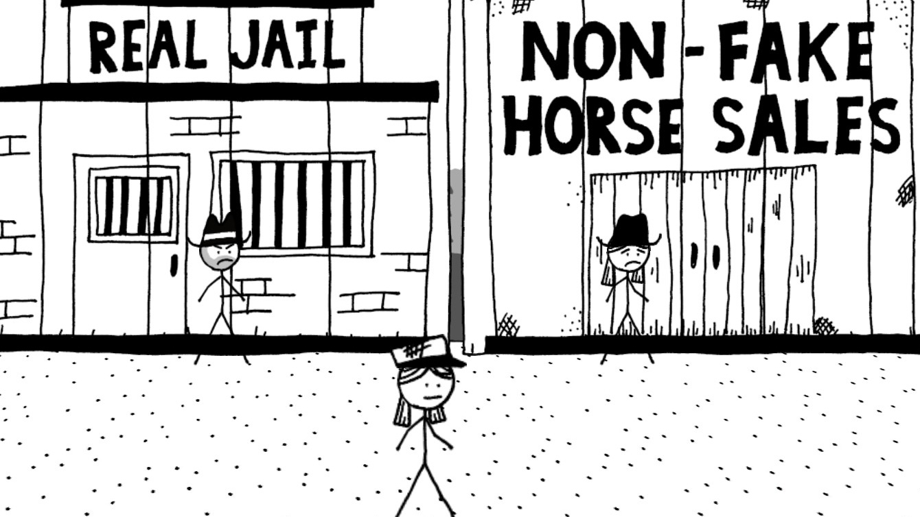 West Of Loathing - Stick figure western figures stand outside black and white buildings labeled "Real Jail" and "Non-Fake Horse Sales"