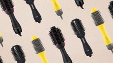 Collage of three of the best hot brushes from (left to right) Amika, Drybar and Revlon, set at an angle and repeated against a beige background