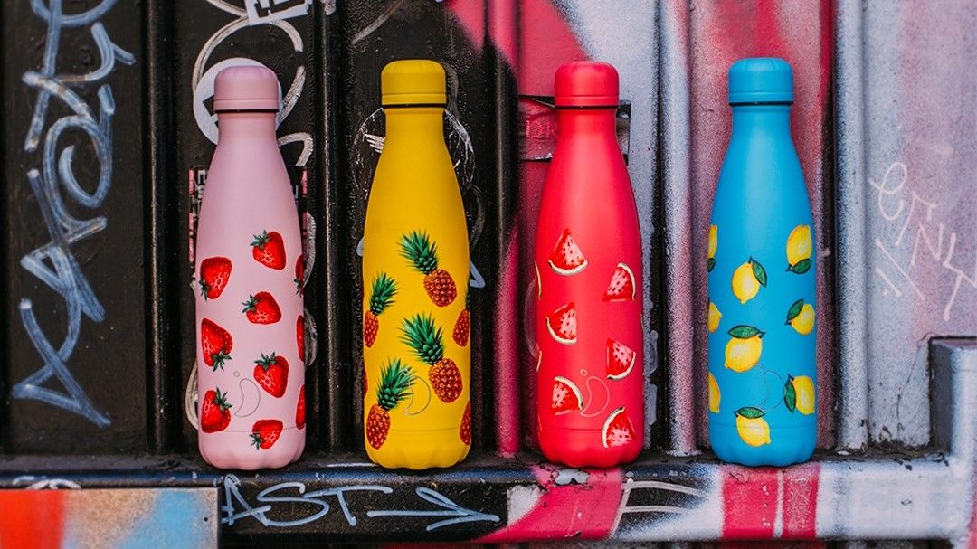 Chilly&#039;s reusable water bottles in a range of patterns, Chilly water bottle