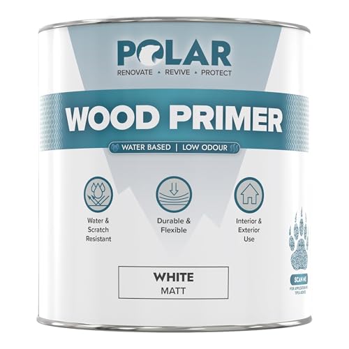 Polar Wood Primer White, 1 Litre - Strong Adhesion, Uv Resistant, Prevents Cracking, Water-Based - Interior &amp;amp; Exterior Surfaces - Fast Drying - Dry in 1-2 Hours
