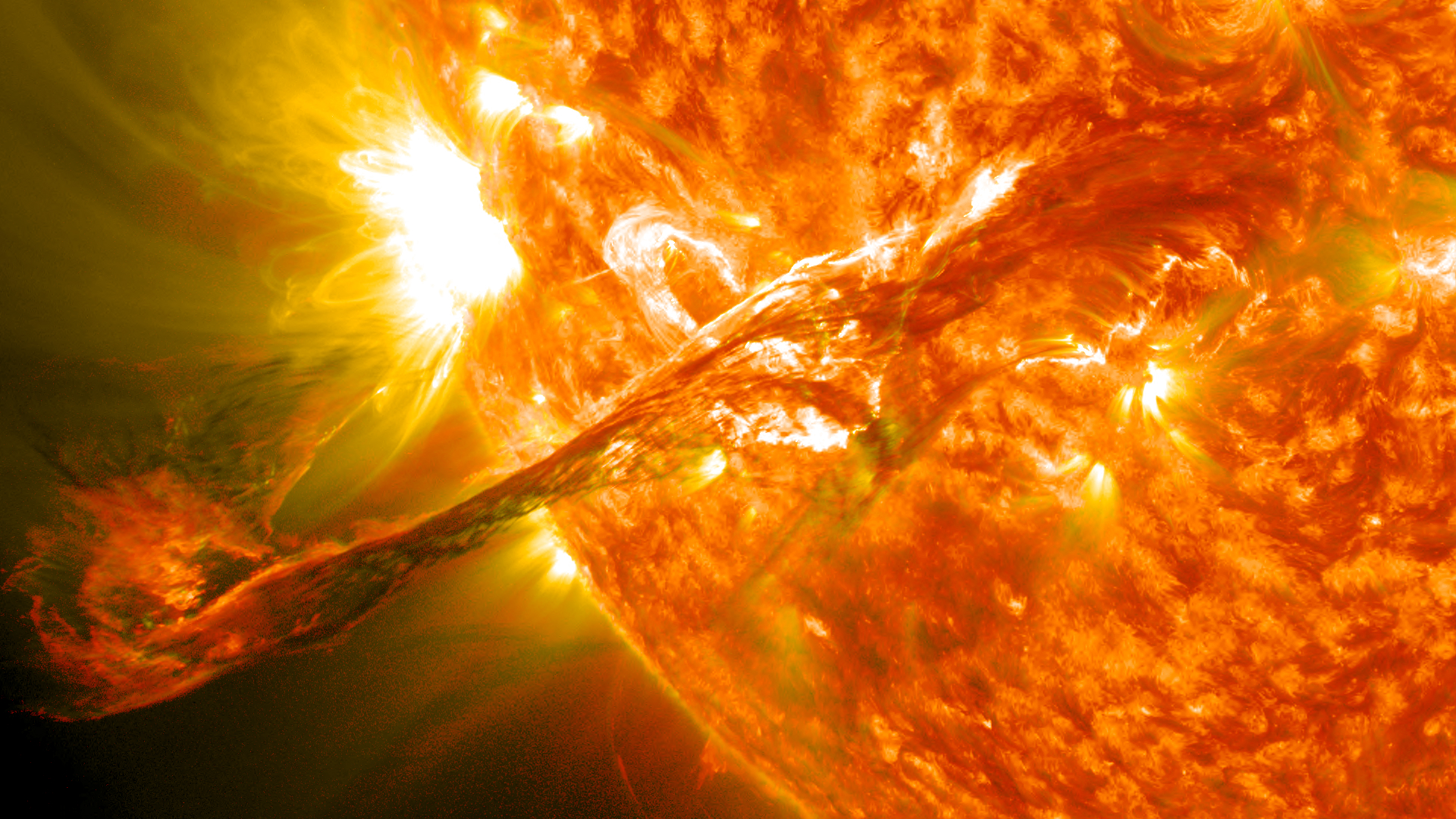 An image of a massive solar flare (or coronal mass ejection) erupting out of the sun in 2017.