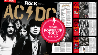 A composite image promoting the AC / DC Power Up Tour Edition bookazine, featuring an image of AC / DC and internal pages from the magazine