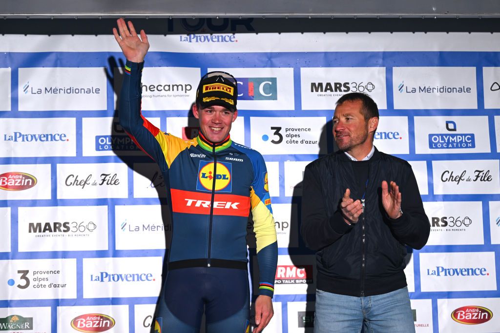 Stage 2 winner Mads Pedersen (Lidl - Trek) celebrates at podium next to Thomas Voeckler