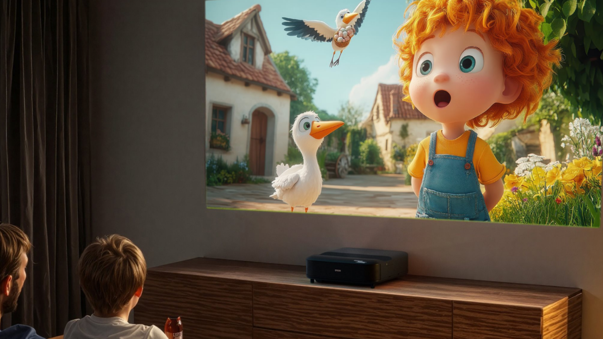Two children watching a CGI cartoon via Google TV on an Epson projector