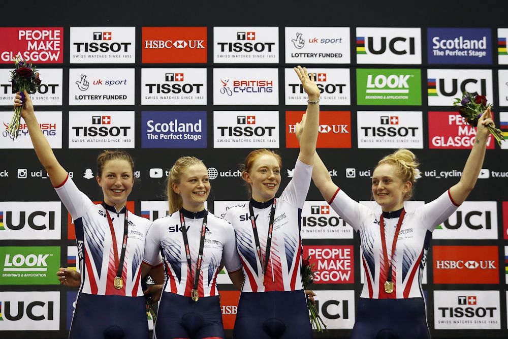 Manon Lloyd, Eleanor Dickinson, Emily Nelson and Emily Kay of Great Britain celebrate winning the Women's Team Pursuit