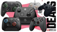 A selection of PC gaming controllers on a pink and white deals background