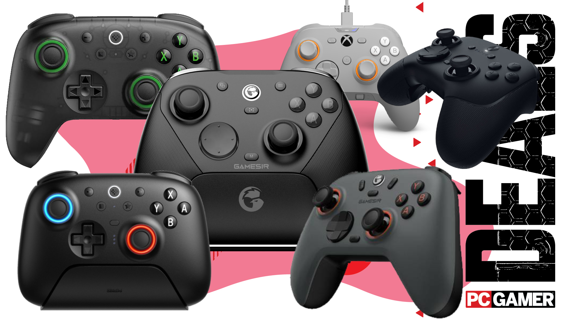 A selection of PC gaming controllers on a pink and white deals background