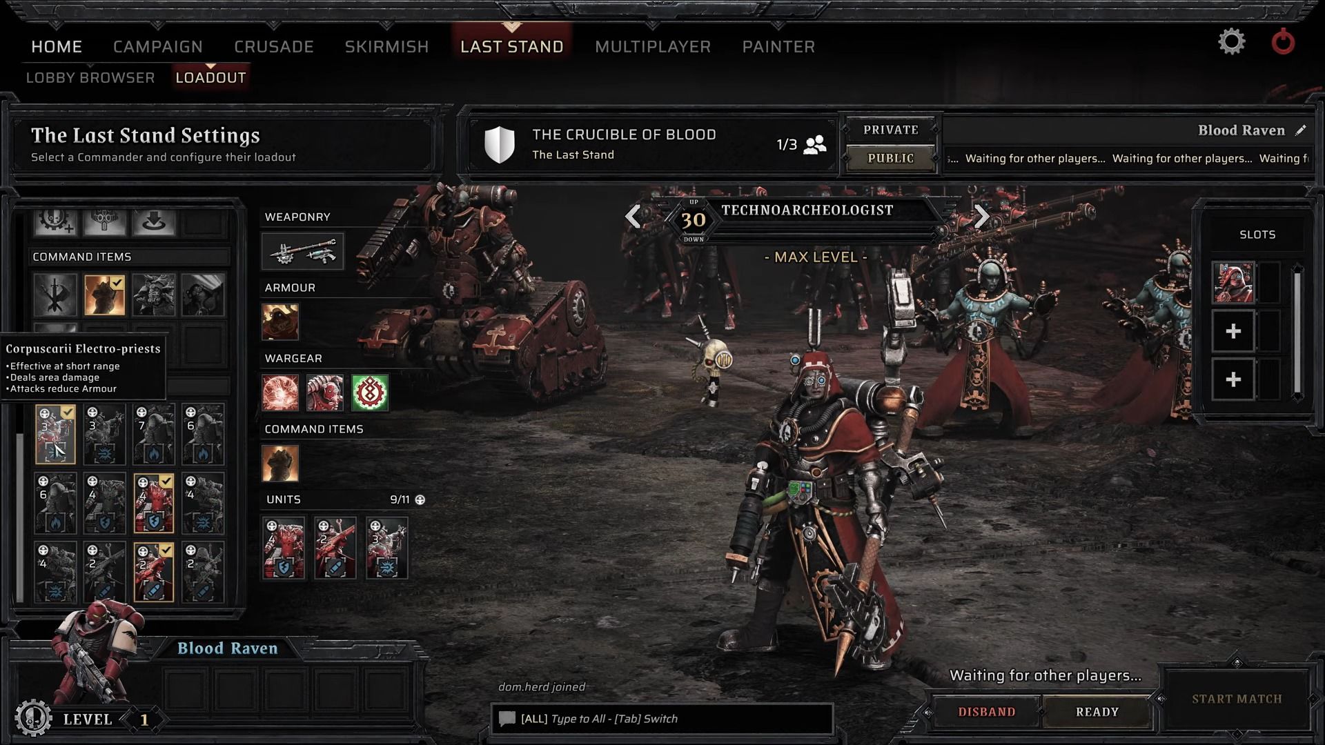 A grim sci-fi game menu shows armored Blood Raven Space Marines on a ruined battlefield, with loadout, squad settings, and matchmaking panels.