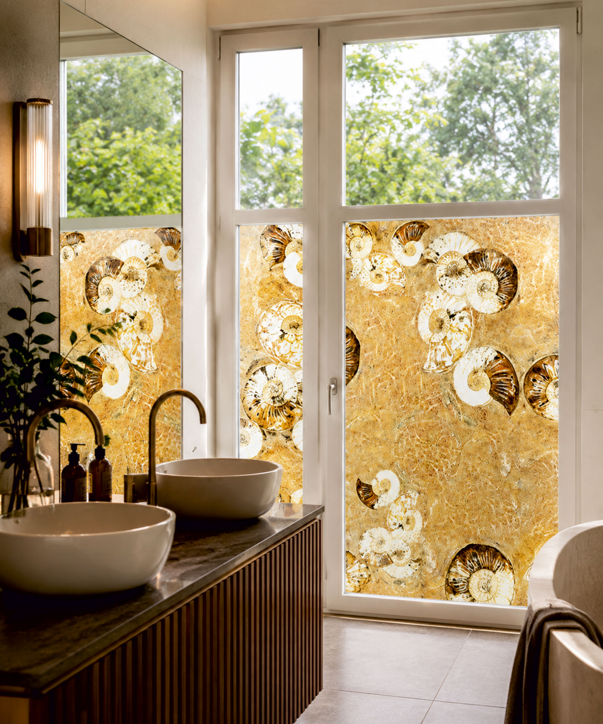 Fossil design self adhesive window film in bathroom