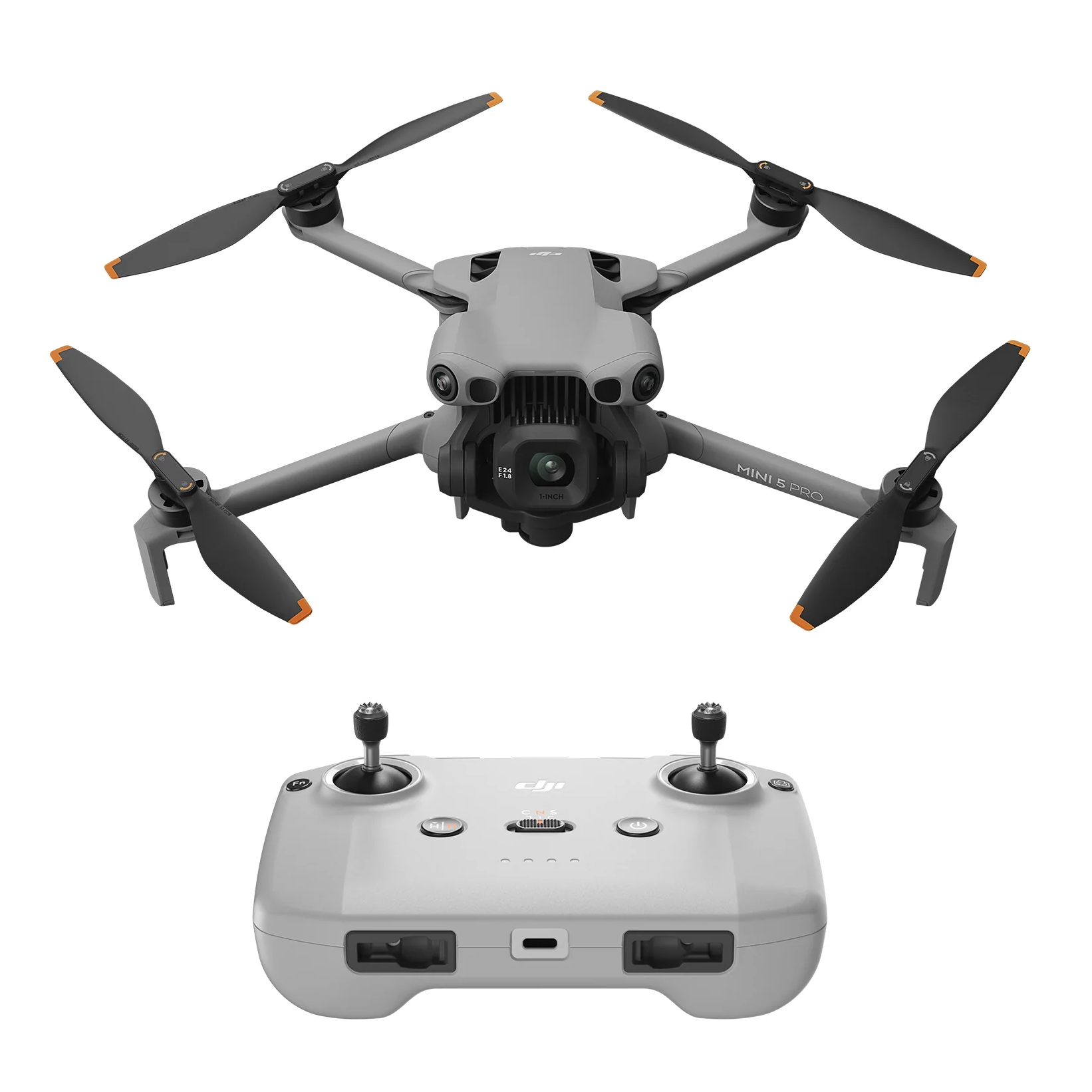 DJI Mini 5 Pro on a white background with RC-N3 controller