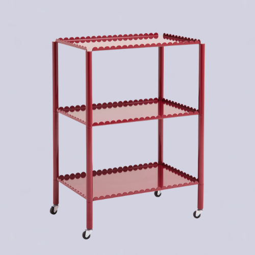 Red rolling cart with scalloped shelves