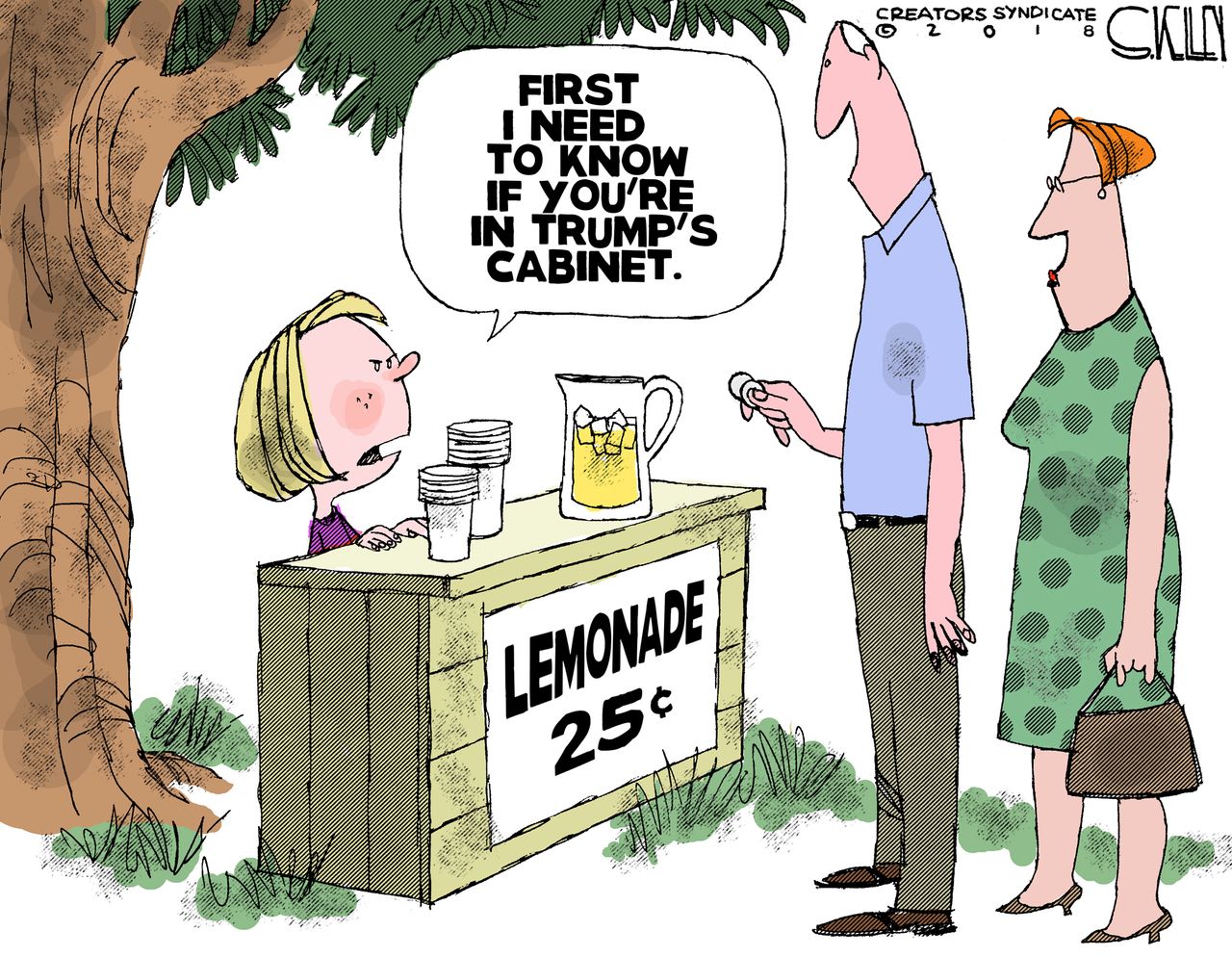 Political cartoon U.S. Trump administration restaurant lemonade stand cabinet Sarah Huckabee Sanders