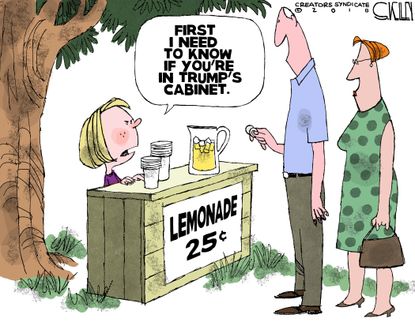 Political cartoon U.S. Trump administration restaurant lemonade stand cabinet Sarah Huckabee Sanders