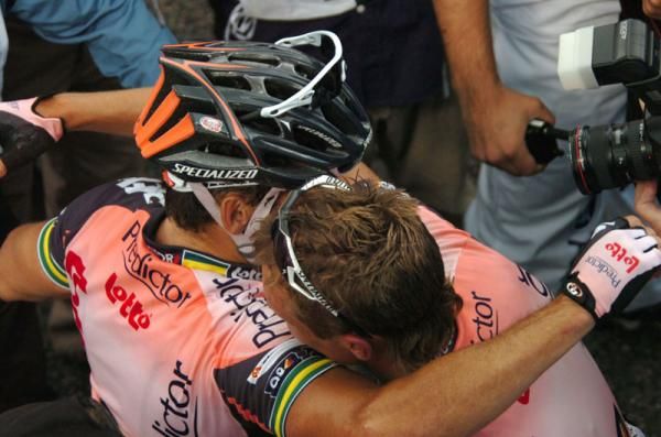 Mobbed by his Lotto teammates after another sprint victory