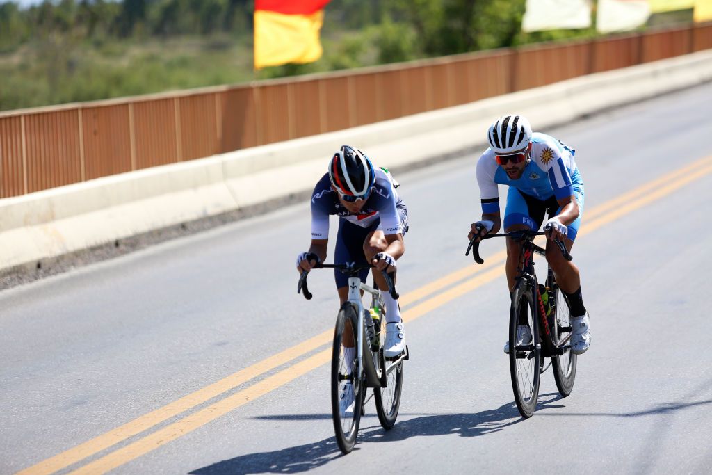 SAN JUAN ARGENTINA JANUARY 22 LR Bolivar Espinoza of Panama and Team Panama es Cultura y Valores and Nahuel Hernandez of Uruguay and Team Uruguay compete in the breakaway during the 39th Vuelta a San Juan International 2023 Stage 1 a 1439km stage from San Juan to San Juan on January 22 2023 in San Juan Argentina Photo by Maximiliano BlancoGetty Images