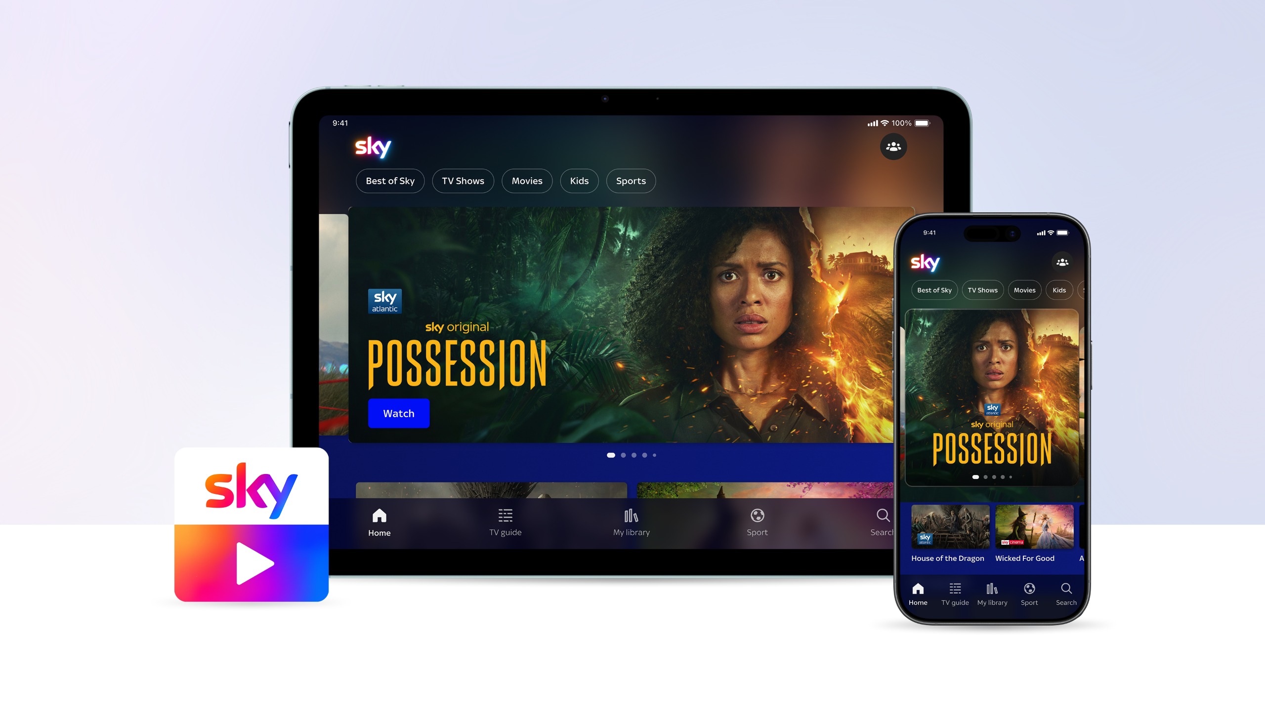 The Sky Go App shown on a tablet and phone screen on a white background