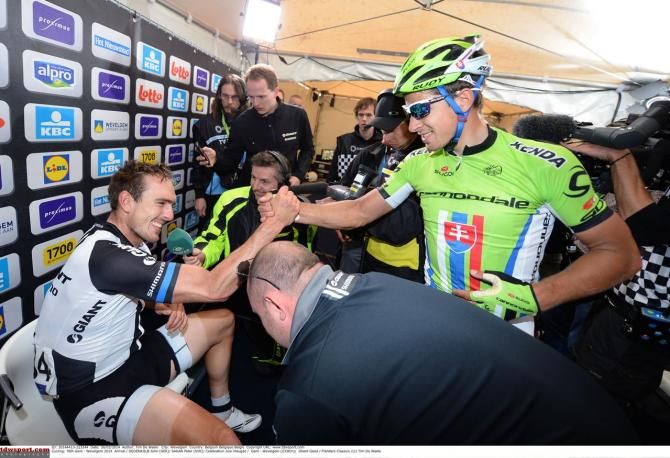 Peter Sagan congratulates John Degenkolb (Giant-Shimano) for his Gent-Wevelgem victory