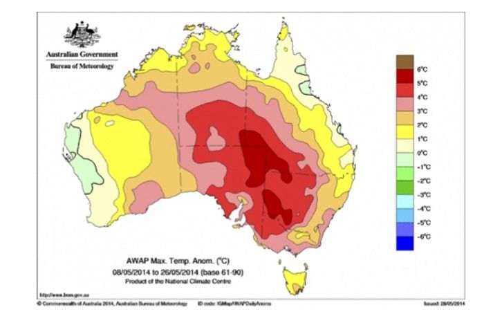 Australian Max temperature anomalies map