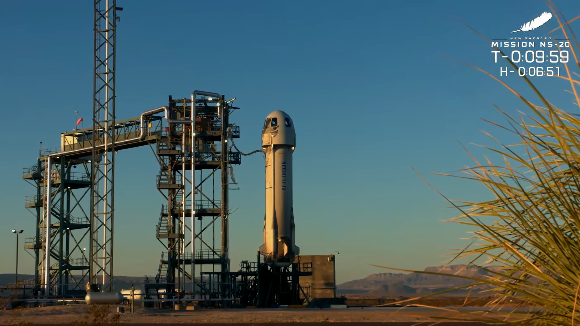 A view of Blue Origin's New Shepard vehicle on the launch pad on March 31, 2022.
