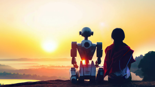 Robot and girl peacefully sit together for sunset