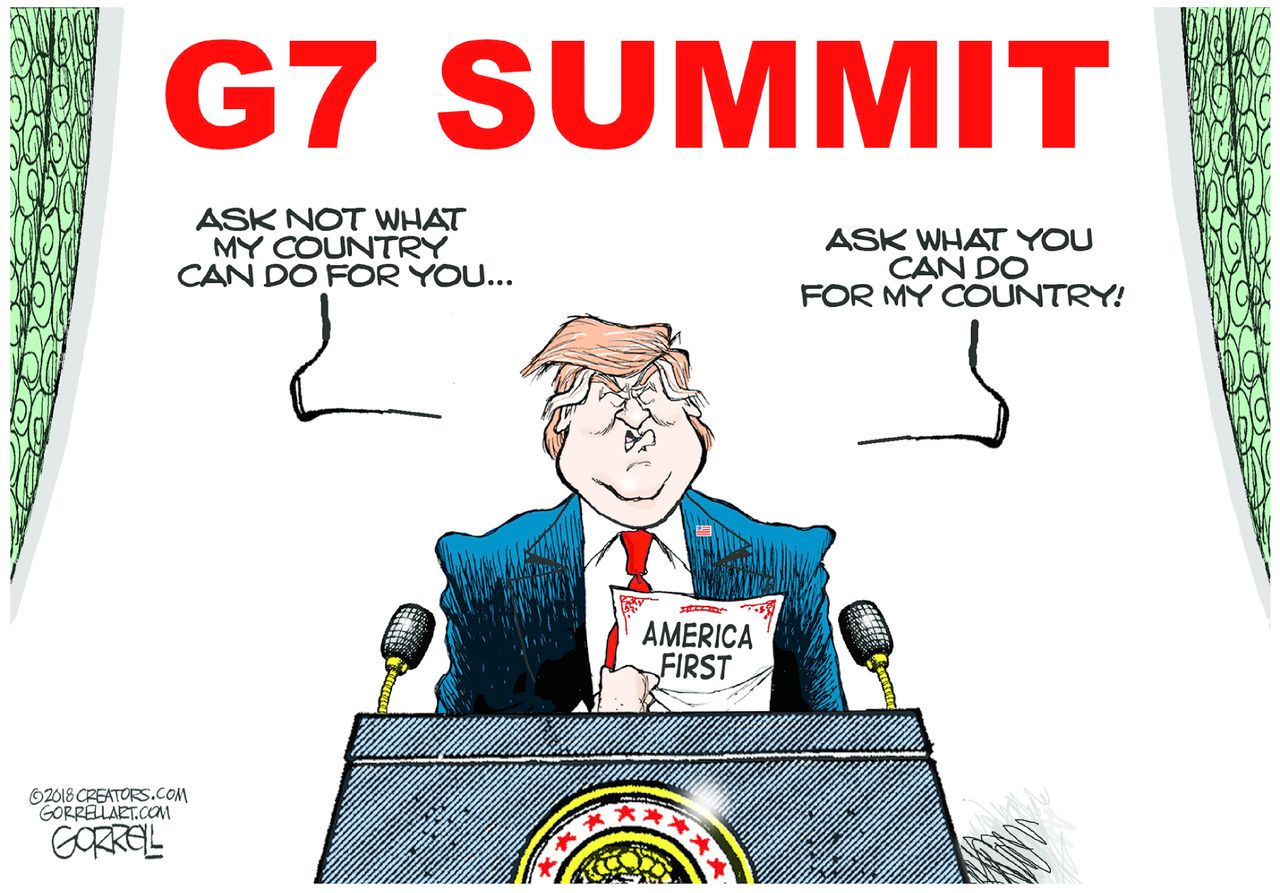 Political cartoon U.S. G7 summit Trump JFK America first