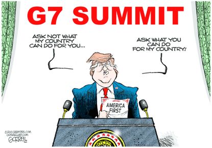 Political cartoon U.S. G7 summit Trump JFK America first