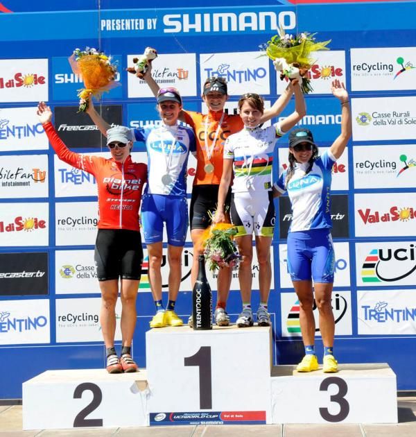 Women's Val di Sole Cross Country World Cup Podium: Katherine Compton, Catharine Pendrel, Maja Wloszczowska, Irina Kalentieva, Katerina Nash