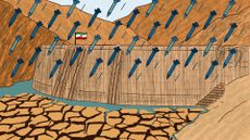 A cartoon showing nuclear missiles being shot down on a dry cracked landscape over a wall.