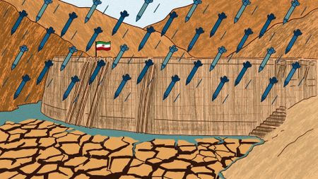 A cartoon showing nuclear missiles being shot down on a dry cracked landscape over a wall.