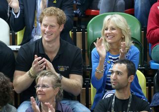 Prince Harry and Jill Biden watch the wheelchair basketball at the Copper Box at Queen Elizabeth park on September 13, 2014 in London, England