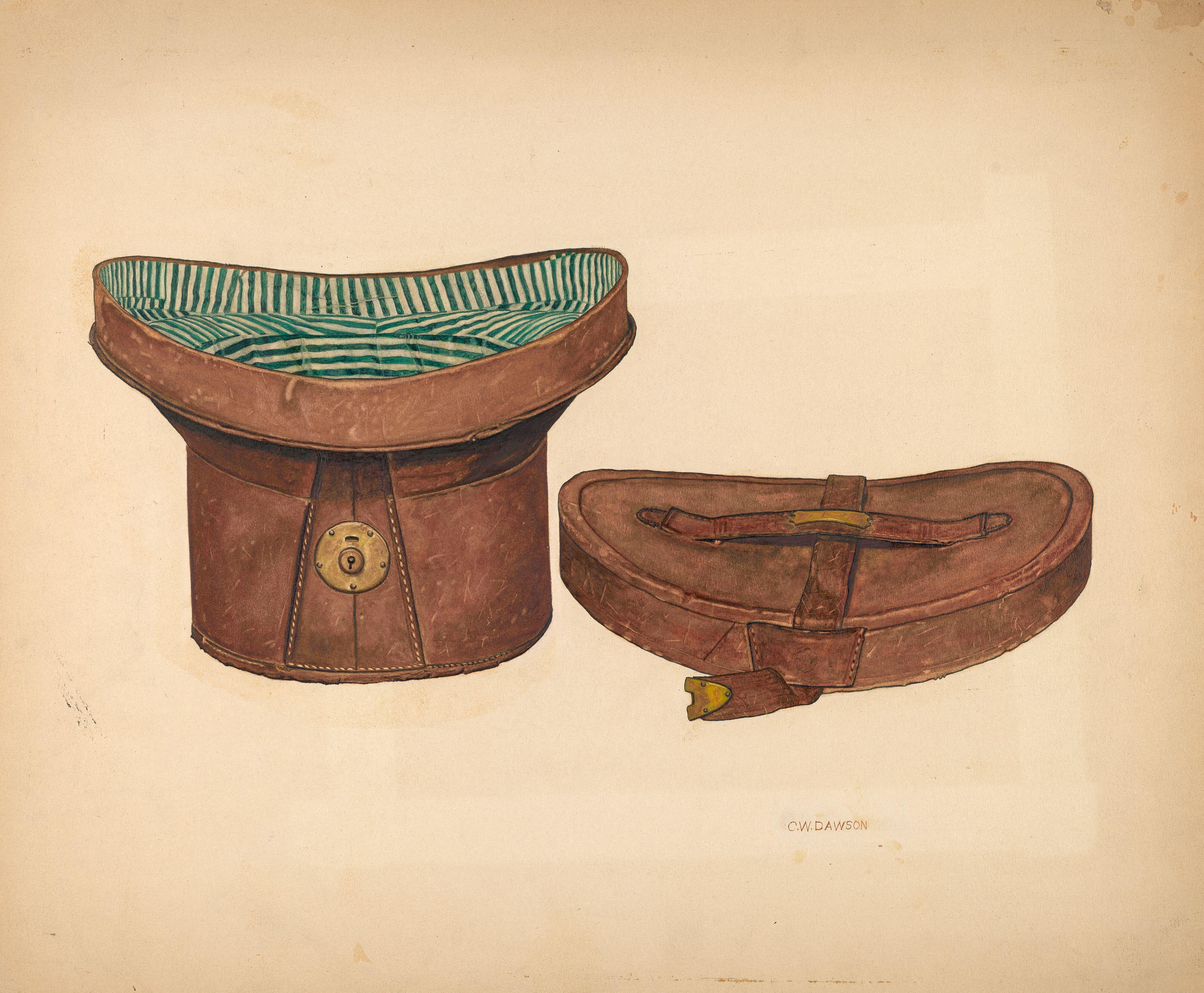 A design rendering by Clarence W. Dawson around 1940 of a leather hat box, shown in watercolor, graphite and pen on paperboard. The box has an oval, tapered form, a hinged lid, a brass lock, and a carrying handle, capturing both its practical structure and decorative detail.