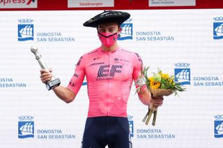 SAN SEBASTIAN SPAIN JULY 31 Neilson Powless of United States and Team EF Education Nippo celebrates at podium with the Txapela hat trophy as race winner during the 41st Donostia San Sebastian Klasikoa 2021 a 2235km race from DonostiaSan Sebastian to DonostiaSan Sebastian Klasikoa on July 31 2021 in San Sebastian Spain Photo by Gonzalo Arroyo MorenoGetty Images