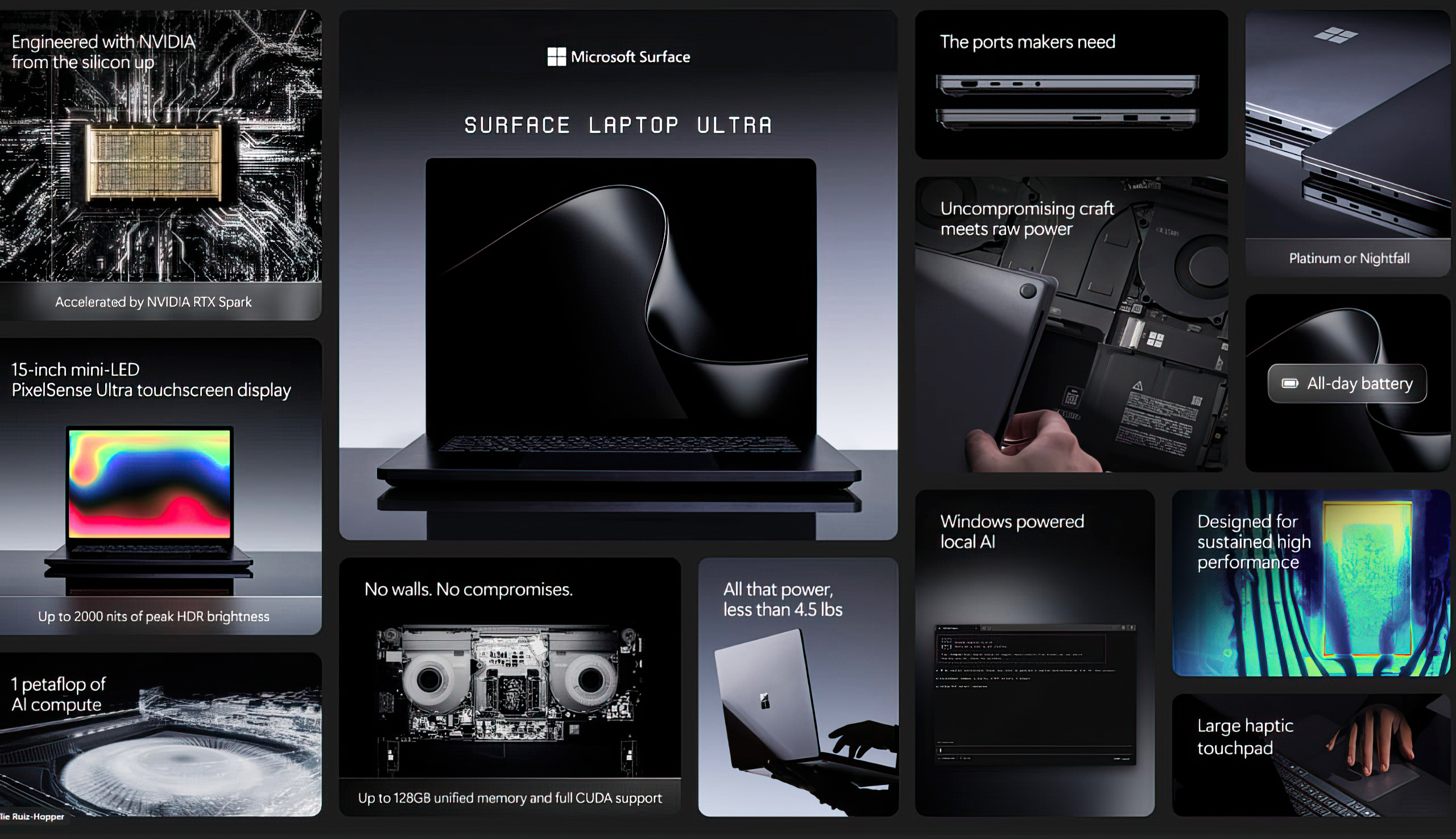 Collage of Microsoft Surface Laptop Ultra features, including AI capabilities, NVIDIA graphics, sleek design, long battery, and a high-resolution touchscreen.