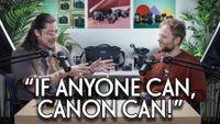 James Artaius and Mike Harris in the Bokeh Face podcast studio, with the text, "If anyone can, Canon can!"