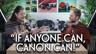 James Artaius and Mike Harris in the Bokeh Face podcast studio, with the text, "If anyone can, Canon can!"