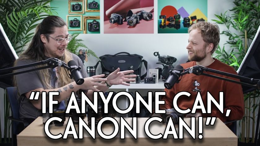 James Artaius and Mike Harris in the Bokeh Face podcast studio, with the text, "If anyone can, Canon can!"