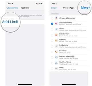 Tap App Limits, select Categories in IOS 12