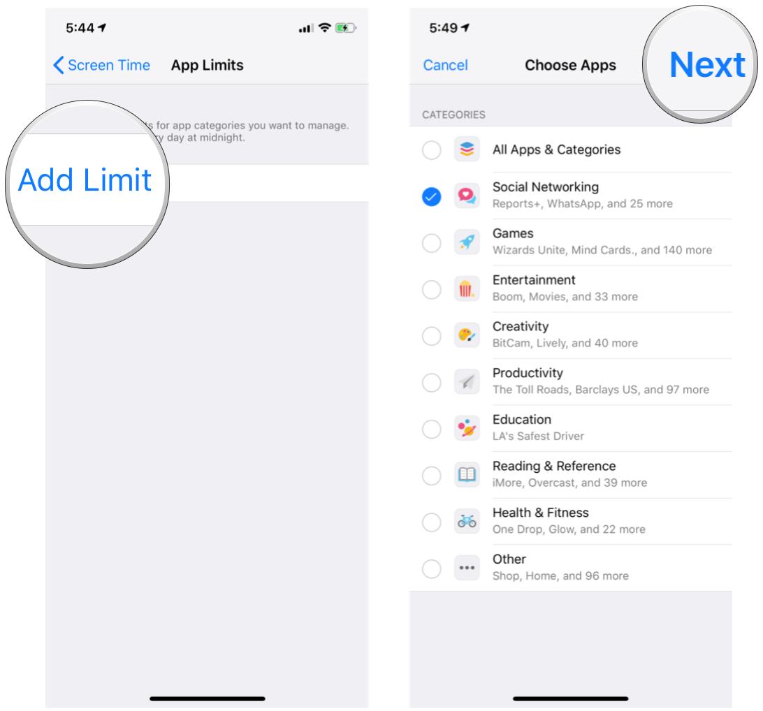 Tap App Limits, select Categories in IOS 12