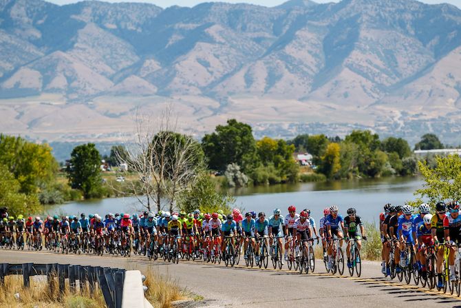 The peloton gets strung out while chasing the day's break on stage 1 of the 2019 Tour of Utah