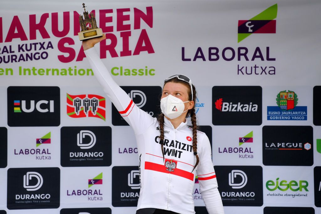 DURANGO SPAIN MAY 18 Marta Lach of Poland and Ceratizit WNT Pro Cycling Team Mountain Trophy celebrates at podium during the 20th DurangoDurango Emakumeen Saria 2021 a 1157km stage from Durango to Durango scduranguesa DurangoDurango2021 on May 18 2021 in Durango Spain Photo by Luc ClaessenGetty Images