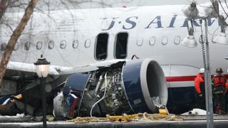 The damaged body of US Airways Flight 1549, after the plane was pulled from the Hudson River after its emergency landing in 2009.