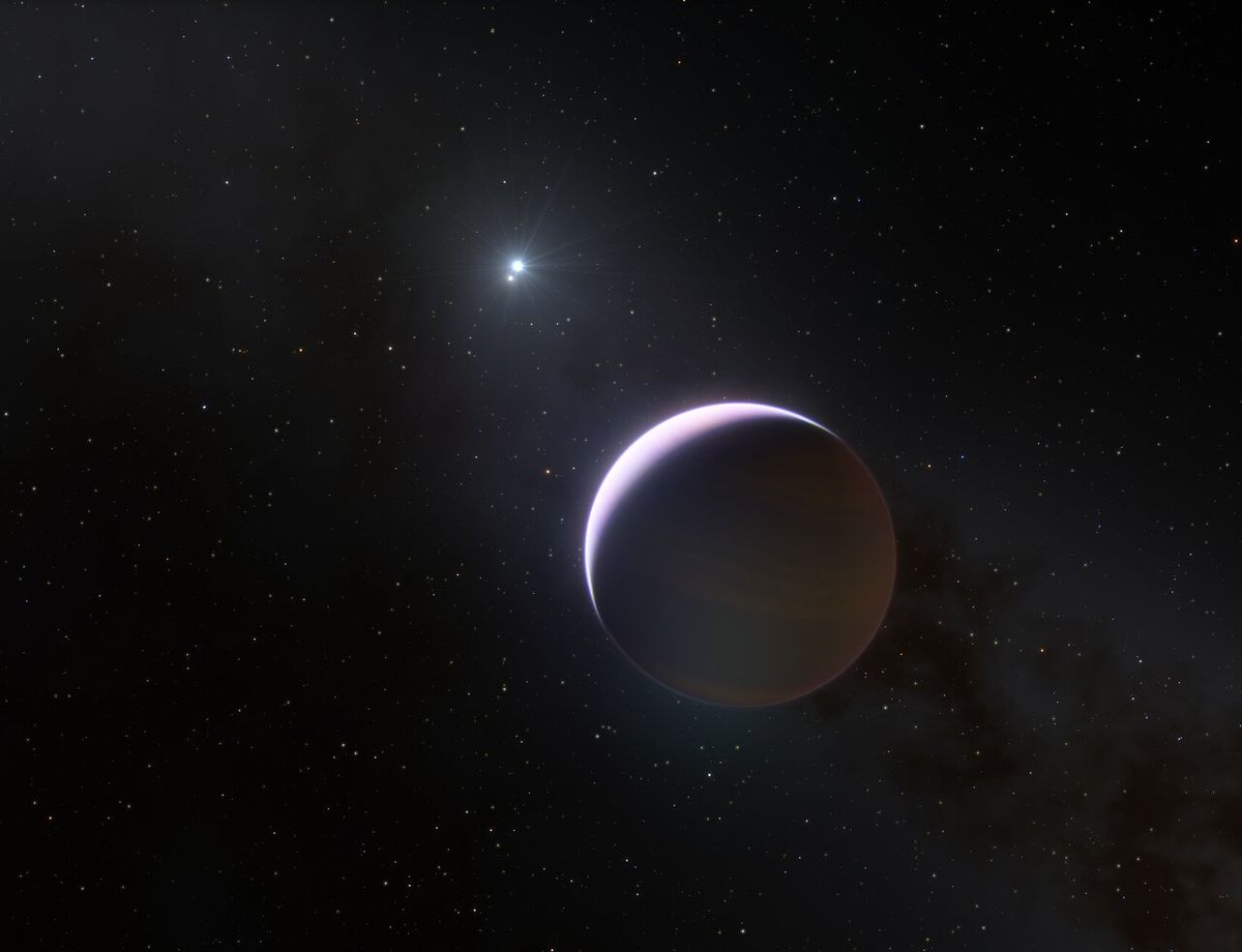 Artist&#039;s illustration showing a close up of the newfound planet b Centauri b, which orbits a binary star system with mass at least six times that of the sun. This is the most massive and hottest planet-hosting star system found to date. The planet is 11 times more massive than Jupiter and orbits the two-star system at 100 times the distance Jupiter orbits the sun.