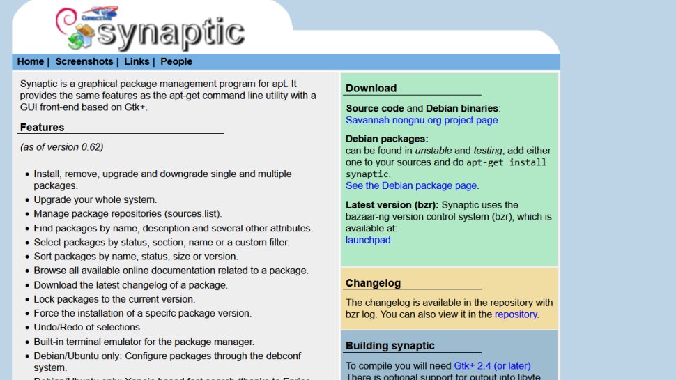 Synaptic Package Manager website screenshot (March 2026).