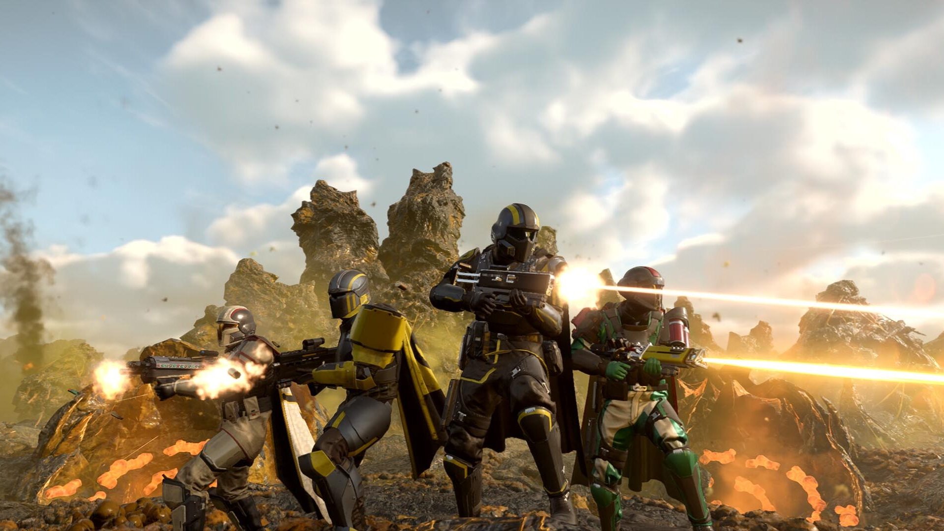 Helldivers 2 screenshot showing a squad of four Helldiver soldiers firing guns