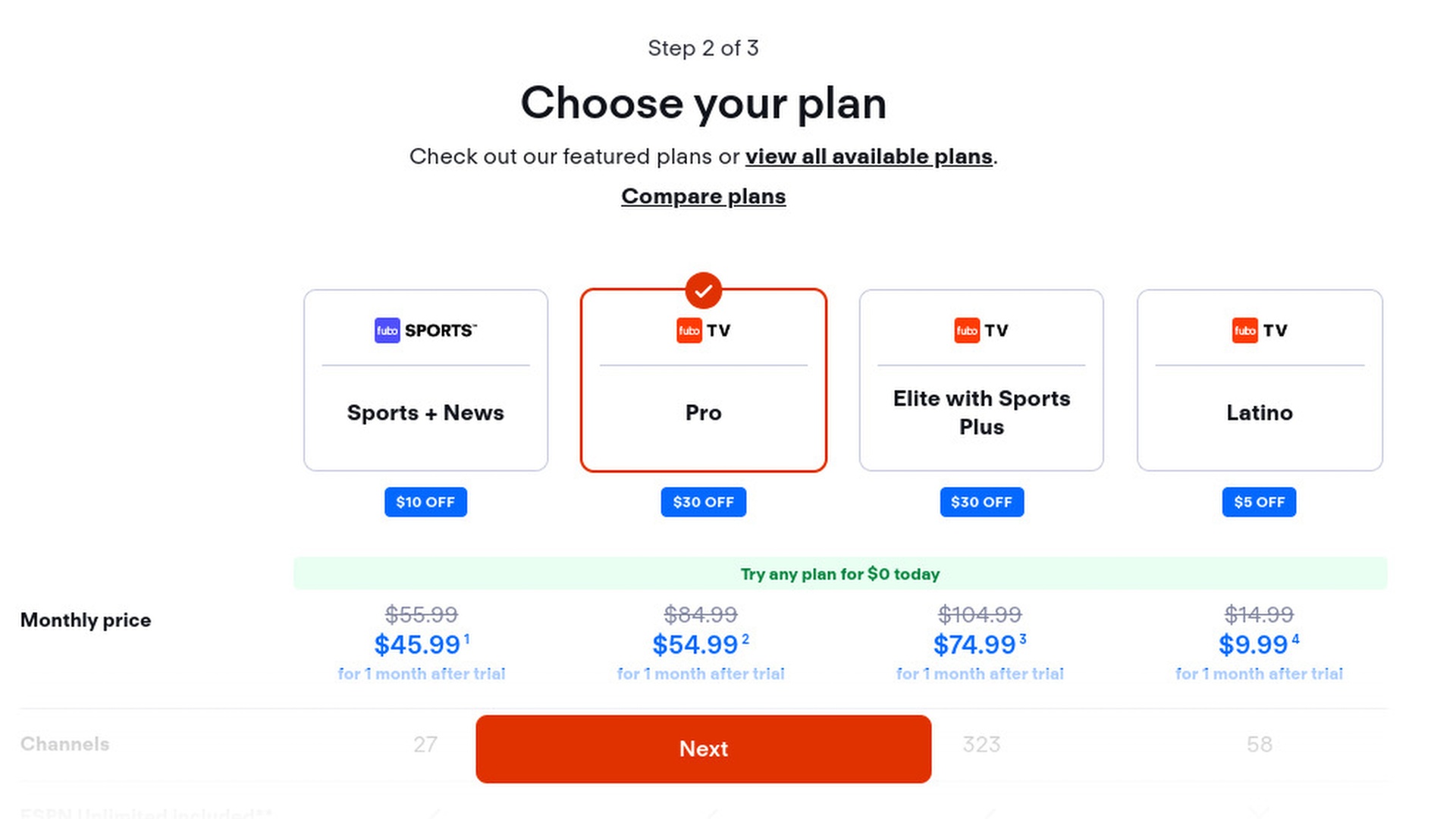 Fubo TV plans selection page