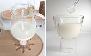 LEFT: A clear glass jug of milk with a thermometer inside it placed on a beech wood tray, photogreaphed against a white background RIGHT: A clear glass bowl with milk, with a clear glass cylinder base and a white stiring spoon hovering about it. Photographed against a white background.