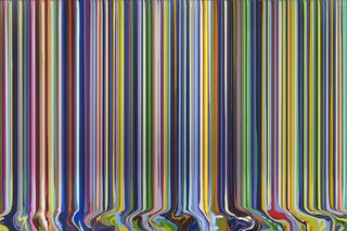 A painting made of many colourful vertical lines which smudged together at the bottom.